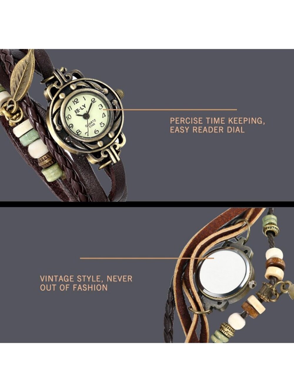 Women's Leaf Brown Fashion Vintage Classic Weave Wrap Around Quartz Wristwatch - Picture 4 of 6